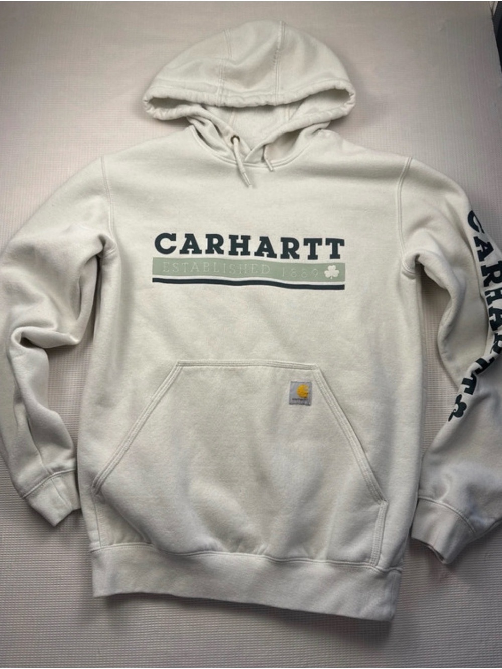 Carhartt Cream Pullover Hoodie with Dark Green Logo